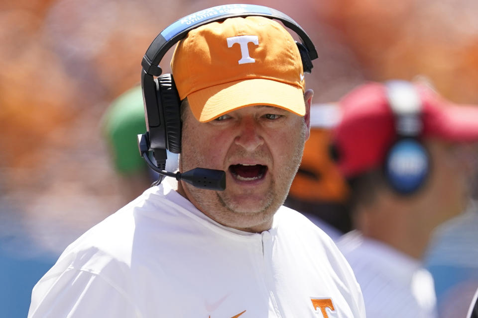 Tennessee head coach Josh Heupel yells on the sideline in the first half of an NCAA college football game against Virginia, Saturday, Sept. 2, 2023, in Nashville, Tenn. (AP Photo/George Walker IV)