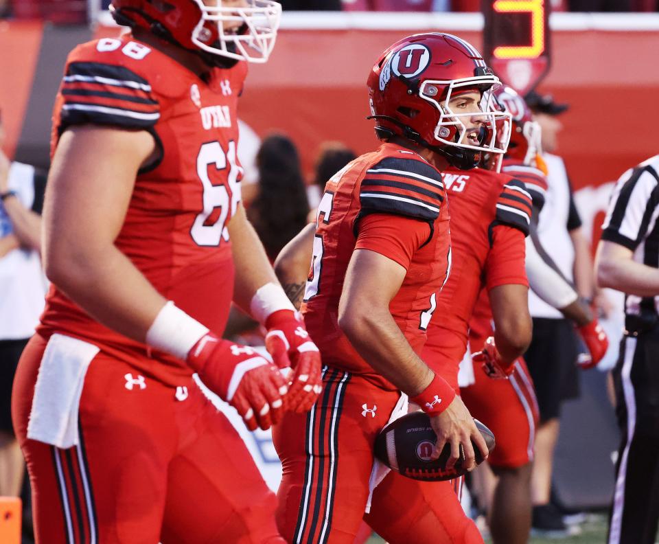 Utah Utes quarterback Bryson Barnes (16) celebrates after running for a touchdown against the Florida Gators in Salt Lake City on Thursday, Aug. 31, 2023 during the season opener. Utah won 24-11. | Jeffrey D. Allred, Deseret News