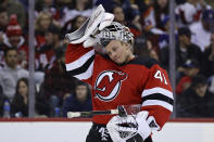 New Jersey Devils goaltender Vitek Vanecek skates to the net during the third period of the team's NHL hockey game against the Toronto Maple Leafs osn Wednesday, Nov. 23, 2022, in Newark, N.J. The Maple Leafs won 2-1. (AP Photo/Adam Hunger)