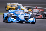 FILE - In this Aug. 13, 2021, file photo, Alex Palou (10) drives during a practice session for the IndyCar Indianapolis GP auto race at Indianapolis Motor Speedway in Indianapolis. The bad news for Alex Palou is that he’s never raced before at Laguna Seca, the penultimate race in the IndyCar championship. The good news? Those trying to wrest the title away from Palou don’t have much experience, either. Laguna Seca only returned to the IndyCar schedule in 2019 and then was canceled last year during the pandemic. (AP Photo/Doug McSchooler, File)