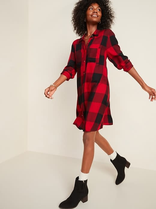 Plaid Twill Swing Shirt Dress for Women