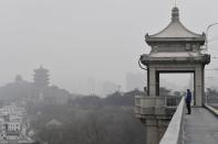 Man wearing a face mask looks on from a bridge near the Yellow Crane Tower in Wuhan, the epicentre of the novel coronavirus outbreak