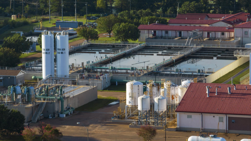 This is an aerial view of of the City of Jackson's O.B. Curtis Water Plant in Ridgeland, Miss., Thursday, Sept. 1, 2022. A recent flood worsened Jackson's longstanding water system problems. (AP Photo/Steve Helber)