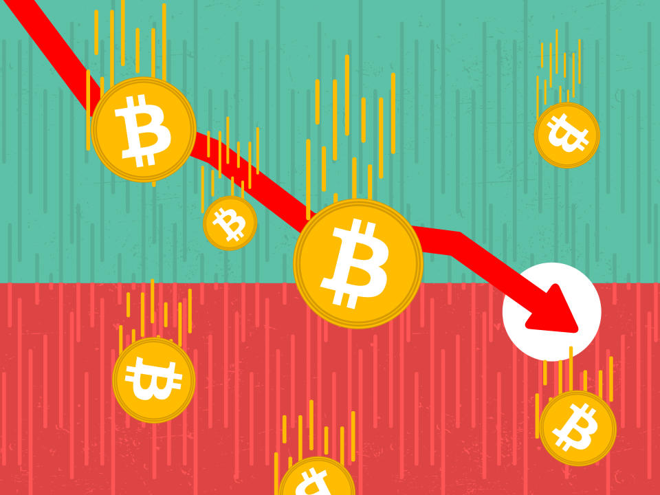 Bitcoins fall from the sky. The picture illustrates the sharp downturn of cryptocurrency as a whole and bitcoin. The chart shows a negative trend, the arrow points downwards. Crypto winter. Crypto selling.  Buy the dip. Buying opportunity. Big loss. Loss of savings. Currency of the future or subject of speculation? Crypto Assets.