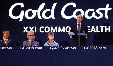 Gold Coast 2018 Commonwealth Games - Closing Ceremony - Carrara Stadium - Gold Coast, Australia - April 15, 2018. Prince Edward, Earl of Wessex speaks. REUTERS/Athit Perawongmetha