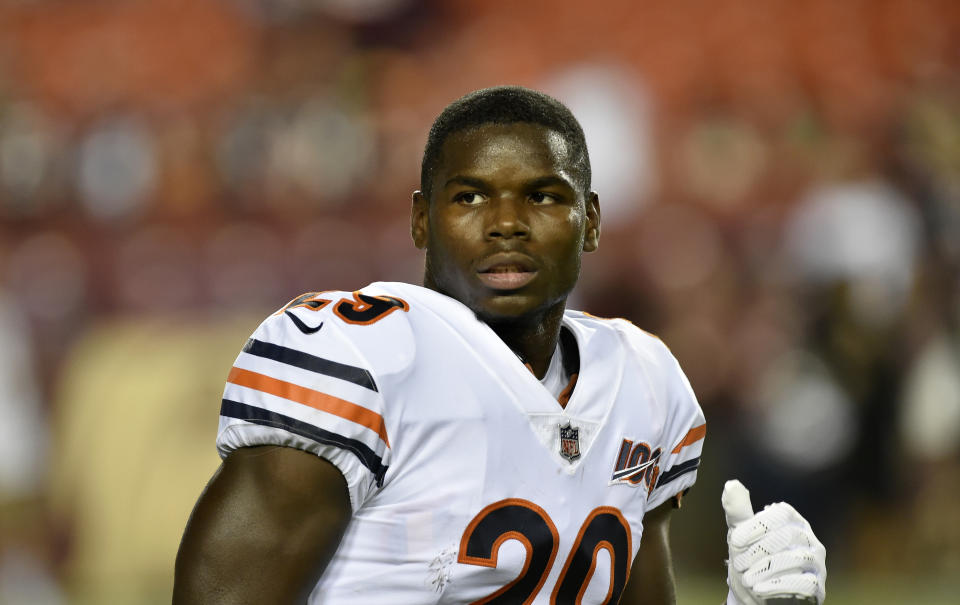 LANDOVER, MD - SEPTEMBER 23: Bears RB Tarik Cohen (29) runs off the field before during the Chicago Bears vs. Washington Redskins Monday Night Football game September 23, 2019 at FedEx Field in Landover, MD. (Photo by Randy Litzinger/Icon Sportswire via Getty Images)