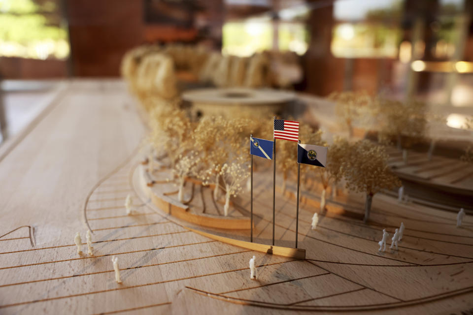 A model by SWA Group, one of five finalists for the permanent 1 October Memorial commemorating the Route 91 Harvest festival shooting, on display in the rotunda at the Clark County Government Center in Las Vegas, Monday, June 5, 2023. (K.M. Cannon/Las Vegas Review-Journal via AP)