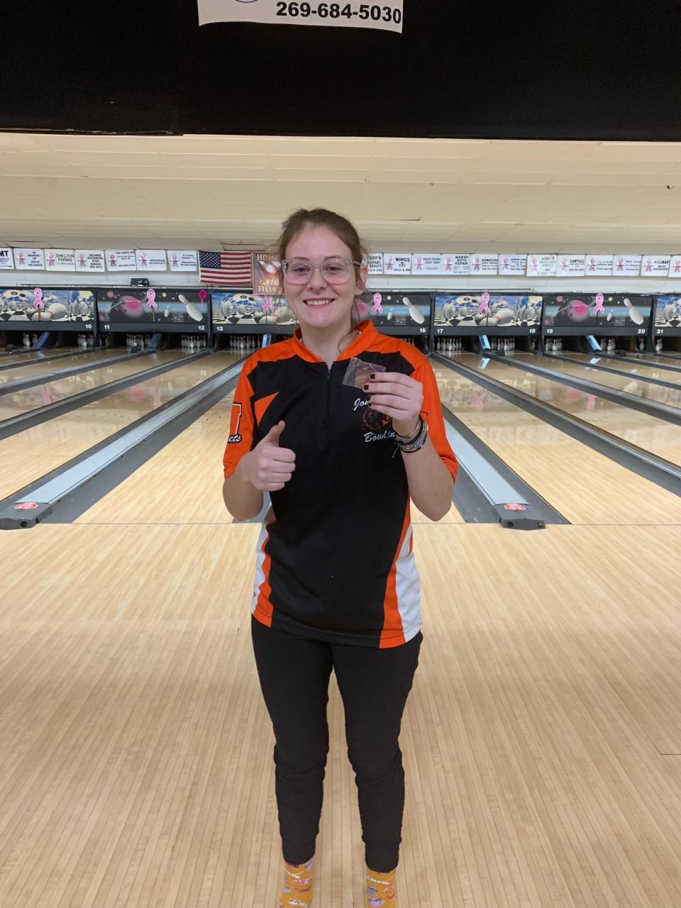 Abby Gutowski (pictured here at the 2022 state finals) took eighth overall and all-state honors at the 2022 individual bowling state finals.