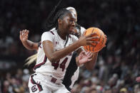 South Carolina guard Saniya Rivers (44) drives to the hoop during the first half of an NCAA college basketball game against Maryland Sunday, Dec. 12, 2021, in Columbia, S.C. (AP Photo/Sean Rayford)