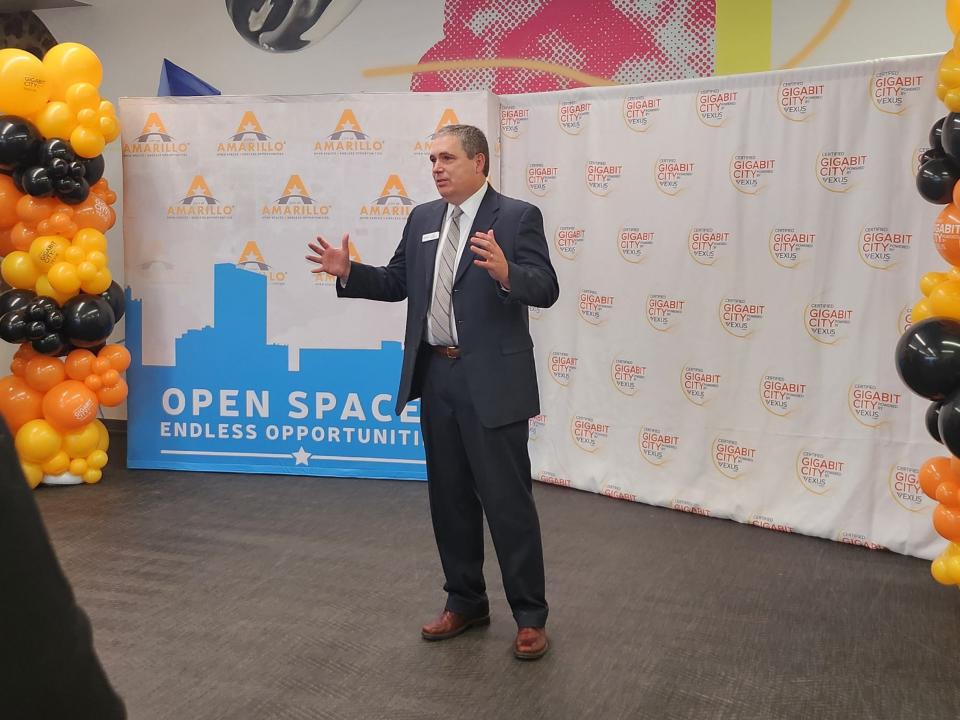 Brian Borthwick, Director of Operations for Vexus in Amarillo, announces the city of Amarillo as a certified Gigabit City Tuesday morning at official announcement held at Innovation Outpost.