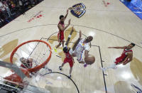 Oklahoma City Thunder forward Jalen Williams (8) goes to the basket against New Orleans Pelicans forward Brandon Ingram (14) in the first half of Game 3 of an NBA basketball first-round playoff series in New Orleans, Saturday, April 27, 2024. (AP Photo/Gerald Herbert)