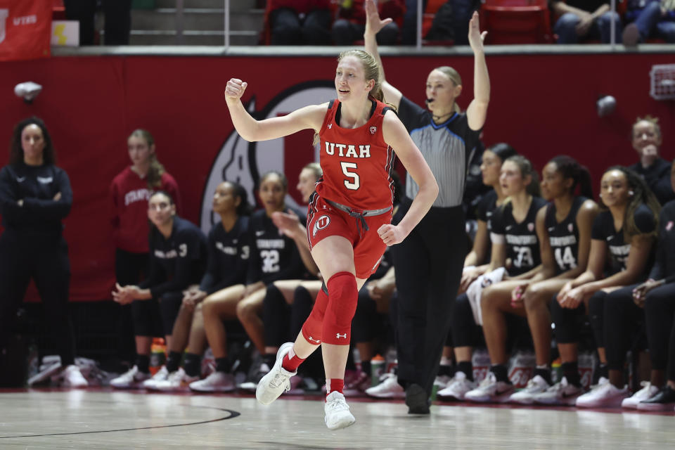 Utah guard Gianna Kneepkens (5) reacts to making a 3-point shot against Stanford in the first half of an NCAA college basketball game Saturday, Feb. 25, 2023, in Salt Lake City. (AP Photo/Rob Gray)
