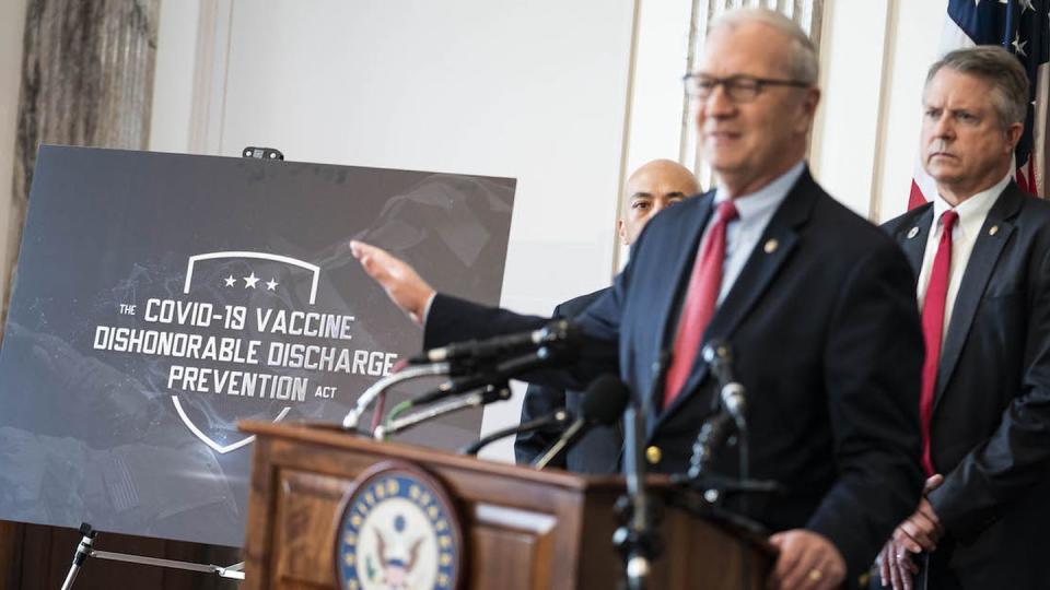 WASHINGTON, DC - NOVEMBER 04: Senator Kevin Cramer (R-ND) calls for members of the military who chose to not get the COVID vaccine to not be dishonorably discharged during a news conference in the Russell Senate Office Building on Capitol Hill on November 4, 2021 in Washington, DC. Nearly 87 percent  of active-duty U.S. military troops have gotten a mandatory coronavirus vaccine ahead of deadline, with those seeking a exemptions being largely dismissed. (Photo by Sarah Silbiger/Getty Images)