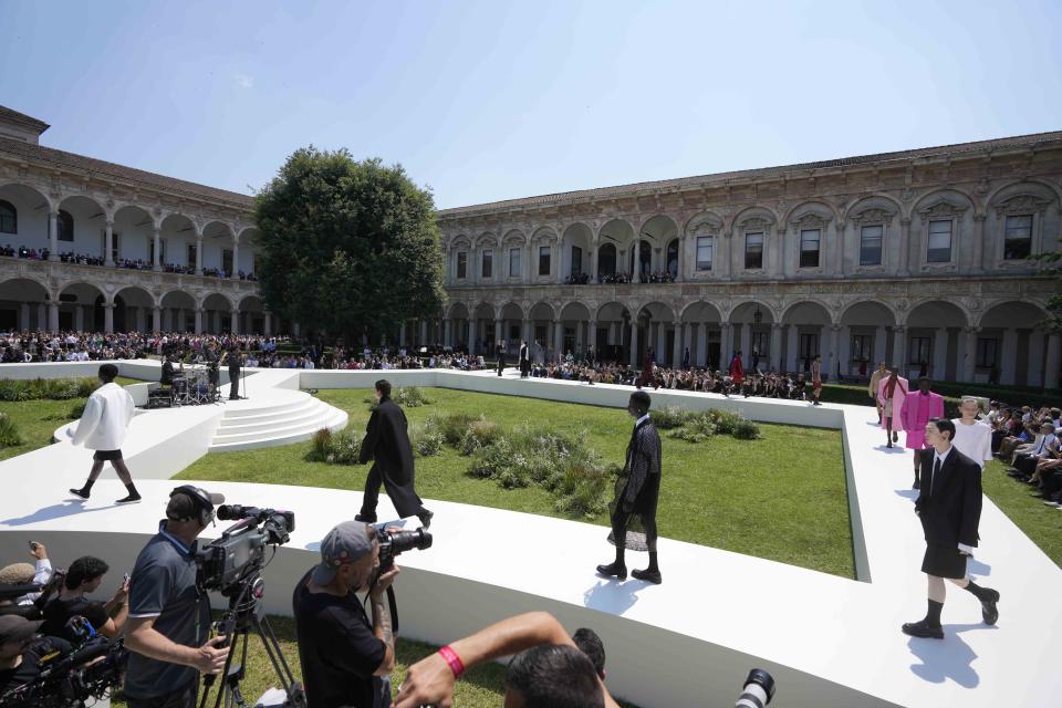 A model wears a creation as part of the Valentino men's Spring Summer 2024 collection presented in Milan, Italy, Friday, June 16, 2023. (AP Photo/Luca Bruno)