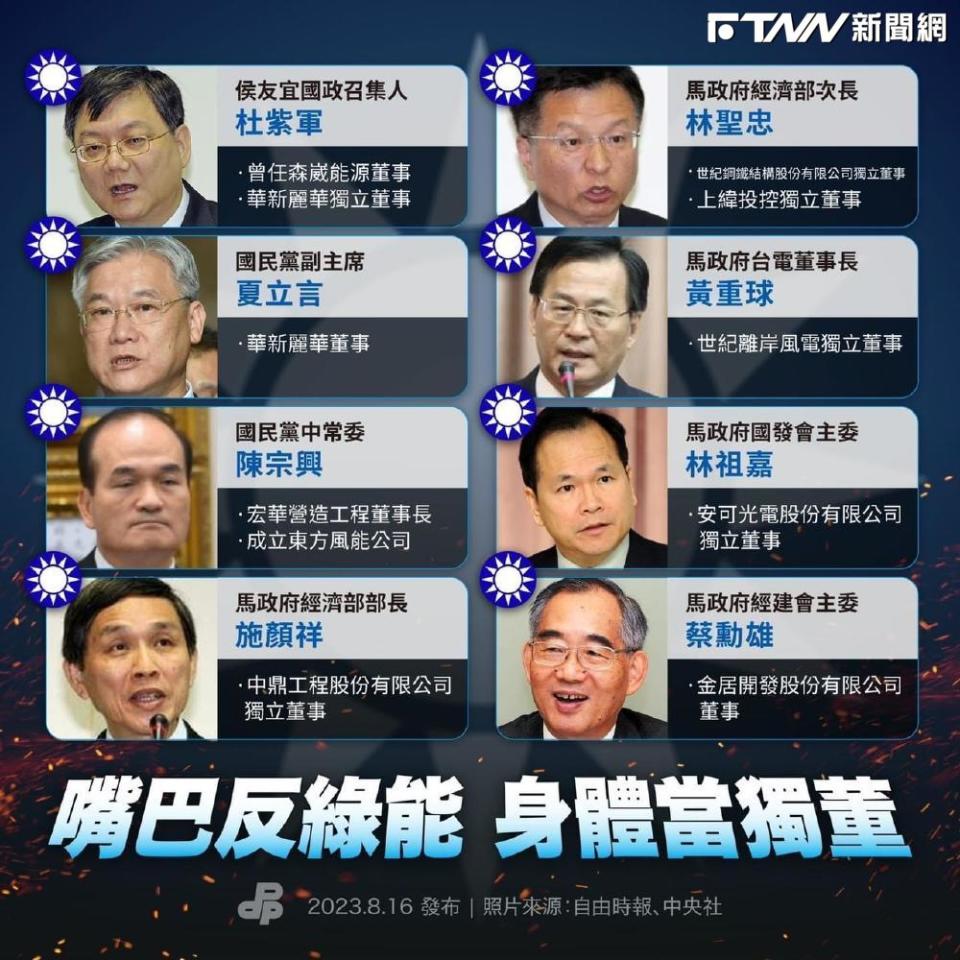 民進黨列舉有綠能產業董事或獨董背景的藍營人士。（圖／民進黨提供）