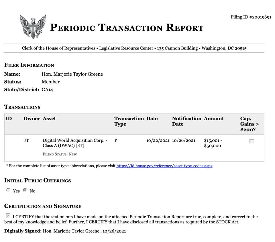 Congressional disclosure for Marjorie Taylor Greene