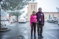 Ricardo Chub-Bo, 40, a refugee from Guatemala, and his daughter Rosa Maria, 14 are pictured outside the Basilica of San Albino in Mesilla, New Mexico