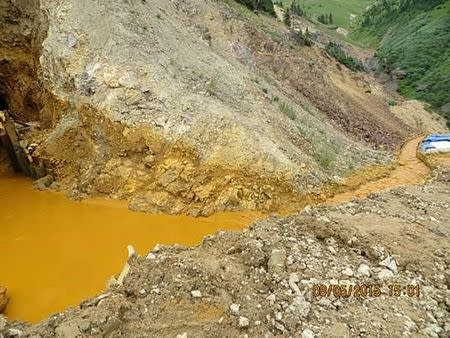 Yellow mine waste water is seen at the entrance to the Gold King Mine in San Juan County, Colorado, in this picture released by the Environmental Protection Agency (EPA) taken August 5, 2015. REUTERS/EPA/Handout