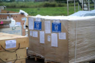 World Health Organization (WHO) medical supplies to combat the Ebola virus are seen packed in crates at the airport in Mbandaka, Democratic Republic of Congo May 19, 2018. REUTERS/Kenny Katombe