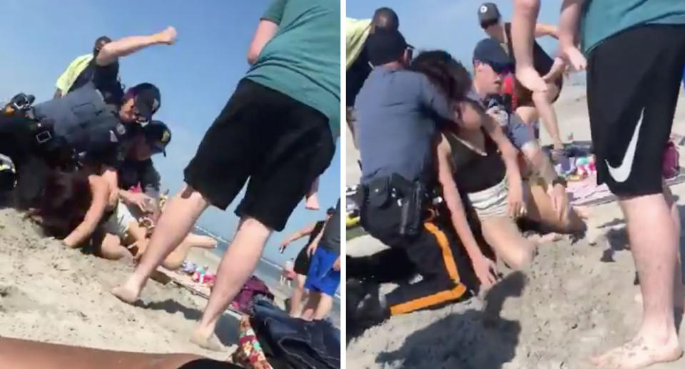 In the dramatic footage an officer can be seen striking the 20-year-old in the head before grabbing her around the neck. Source: Twitter/ HewittLexy