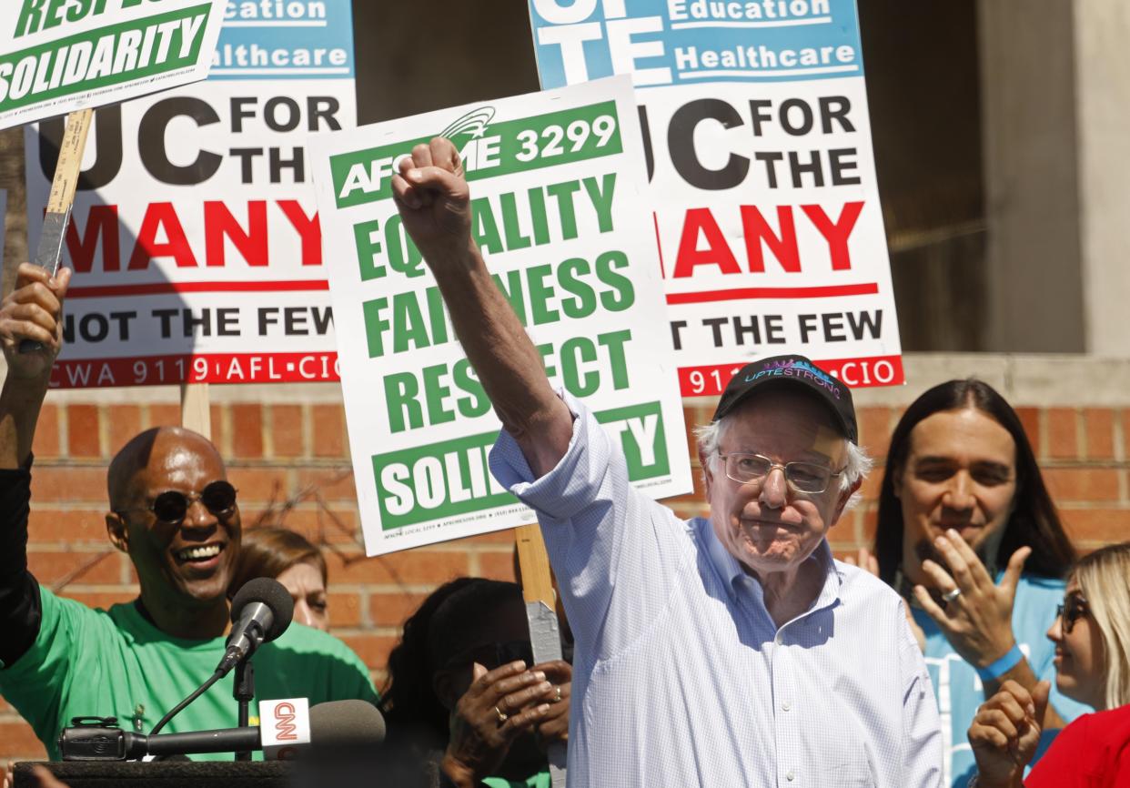 Bernie Sanders spoke at a rally for University of California workers in March. This week his presidential campaign urged supporters to join the picket lines. (Photo: Genaro Molina via Getty Images)