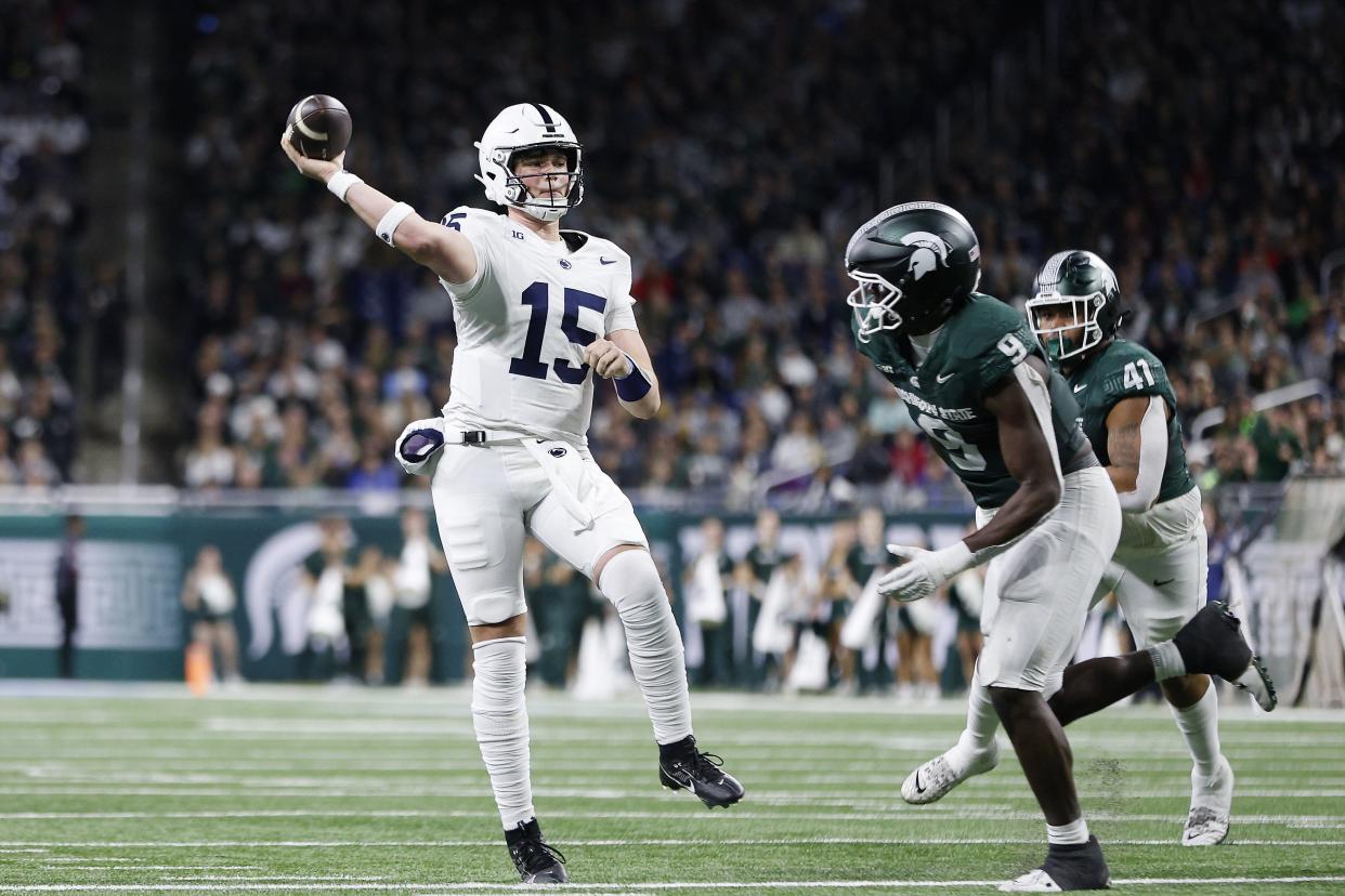 Penn State quarterback Drew Allar throws a pass against Michigan State in the second quarter on Friday, Nov. 24, 2023, at Ford Field.