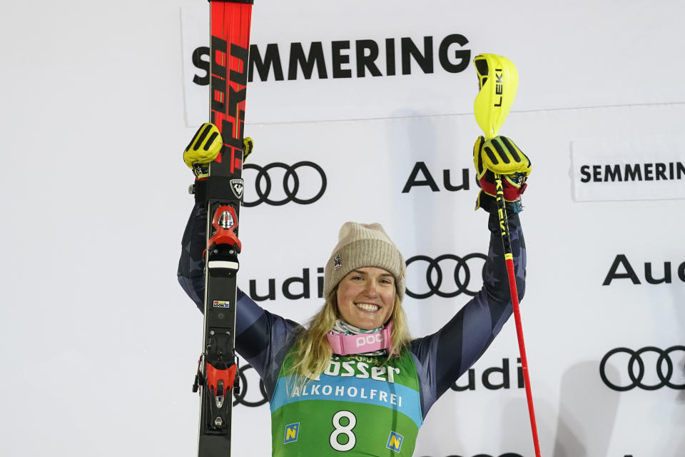 FILE - United States' Paula Moltzan celebrates on the podium after taking second place during an alpine ski, World Cup women's slalom in Semmering, Austria, Thursday, Dec. 29, 2022. When Paula Moltzan finished second behind Mikaela Shiffrin for the U.S. ski team’s first 1-2 finish in a women’s World Cup slalom in more than half a century recently, it was easy to assume that her more successful teammate was her main inspiration. (AP Photo/Giovanni Auletta, File)