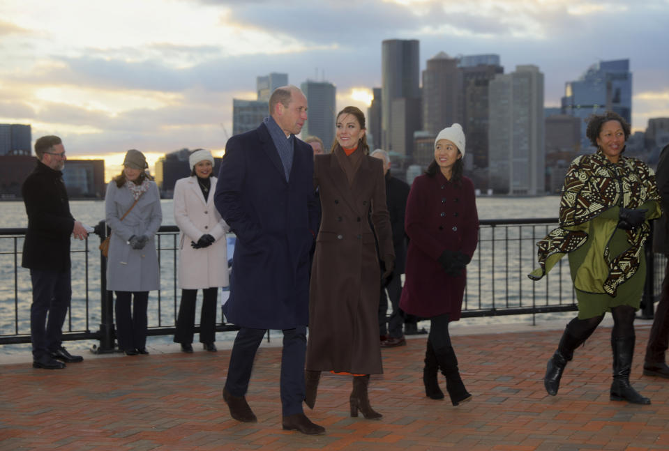 Britain's Prince William and Kate, Princess of Wales, visit the Harbor Defenses of Boston with Boston Mayor Michelle Wu and Reverend Mariama White-Hammond in Boston, Thursday, Dec. 1, 2022. (Brian Snyder/Pool Photo via AP)