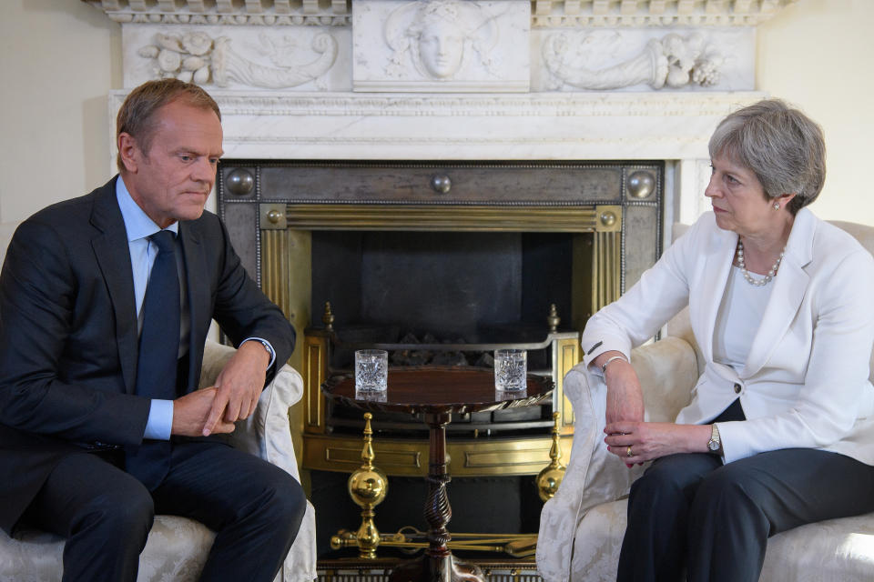 European Council president Donald Tusk with Theresa May in Downing Street (Getty)