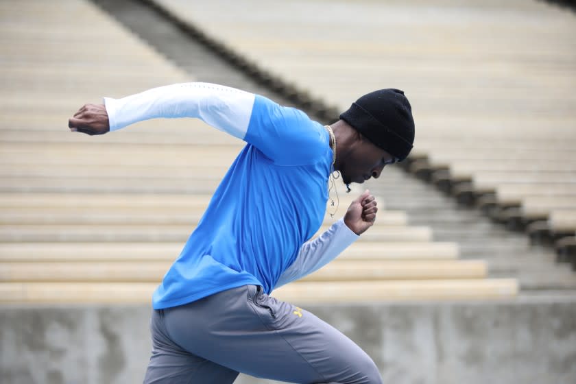 UCLA sprinter Kenroy Higgins II trains in March for the 2020 NCAA championships.