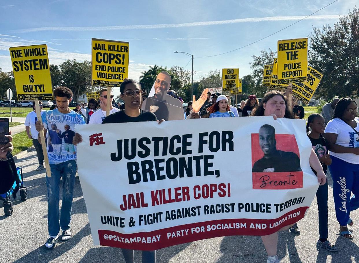 Protestors demand justice for 36-year-old Breonte Johnson-Davis, who died after an incident involving the Palmetto Police Department on Nov. 1, 2023. Parents of Davis are awaiting a full police report from the FDLE. Palmetto Police Chief Scott Tyler said his agency is seeking to be accountable and transparent in seeking an outside investigation of the incident.