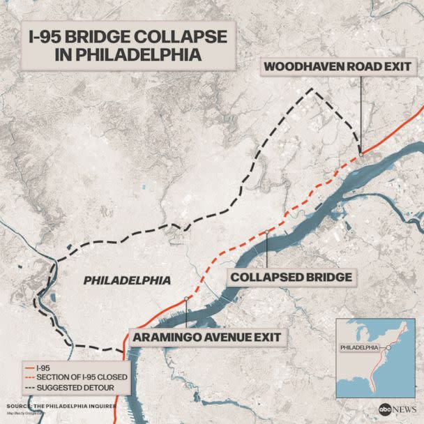 PHOTO: A map of the location of the I-95 bridge collapse in Philadelphia. (ABC News, Philadelphia Inquirer)