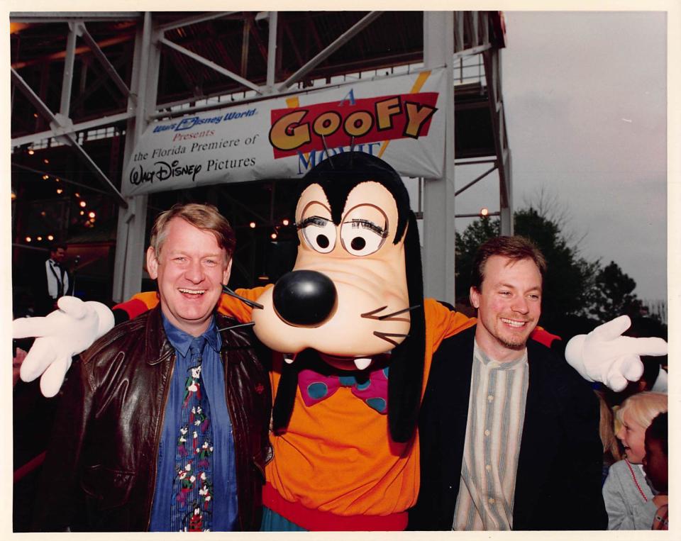 Bill Farmer and his alter ego, Goofy, attend teh premiere of 'A Goofy Movie' with the film's director, Kevin Lima (Photo: Courtesy Bill Farmer)