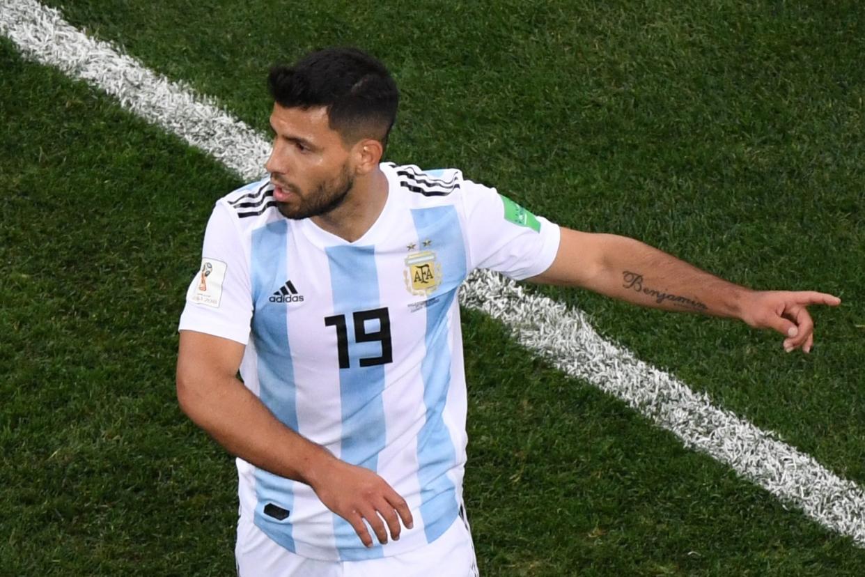 Feeling the heat: Aguero during the 3-0 drubbing by Croatia: AFP/Getty Images