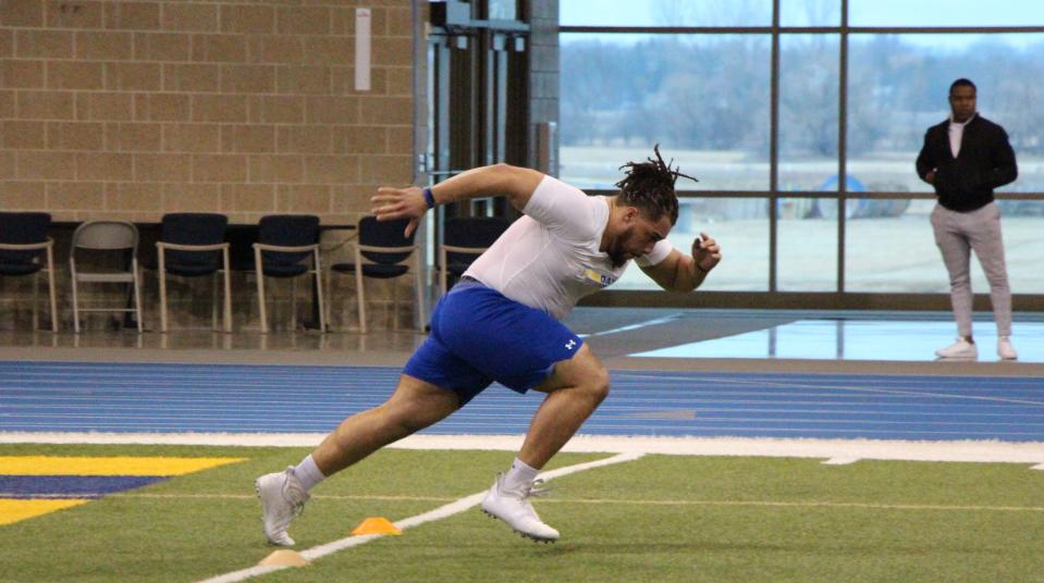 Xavier Ward takes off for his 40-yard dash during South Dakota State football Pro Day on Wednesday in Brookings.