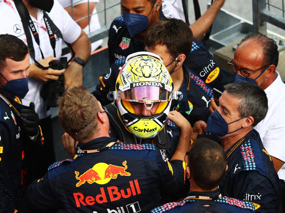Max Verstappen celebrates his Styrian Grand Prix win with his Red Bull team (Getty Images)
