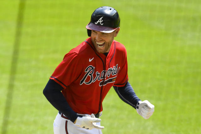 The Atlanta Braves' Freddie Freeman reacts to hitting a game-winning RBI  single in the 10th inning to beat the Minnesota Twins, 5-4, at Turner Field  in Atlanta, Georgia, Tuesday, May 21, 2013. (