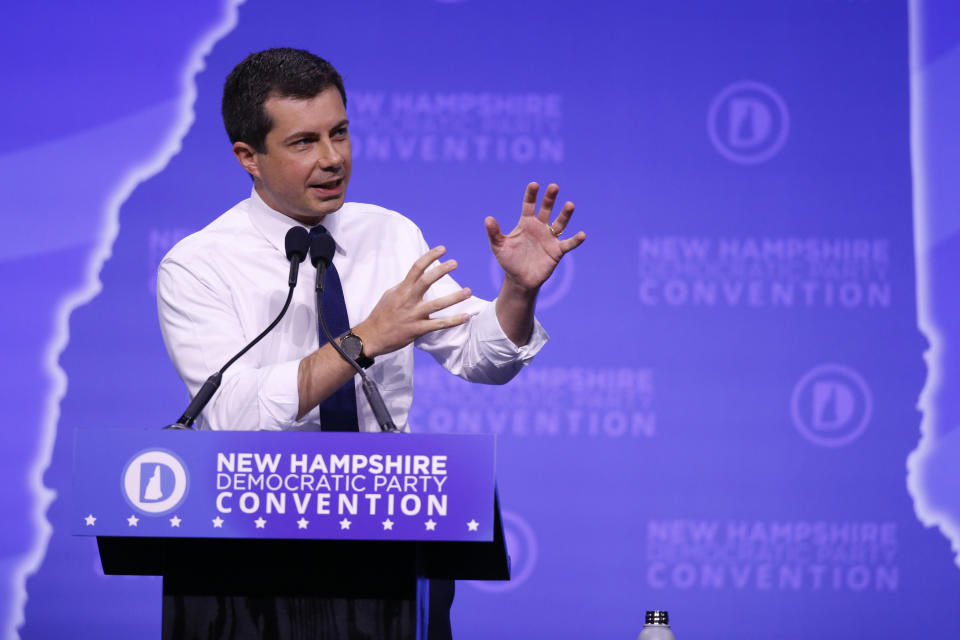Democratic presidential candidate South Bend, Ind., Mayor Pete Buttigieg speaks during the New Hampshire state Democratic Party convention, Saturday, Sept. 7, 2019, in Manchester, NH. (AP Photo/Robert F. Bukaty)
