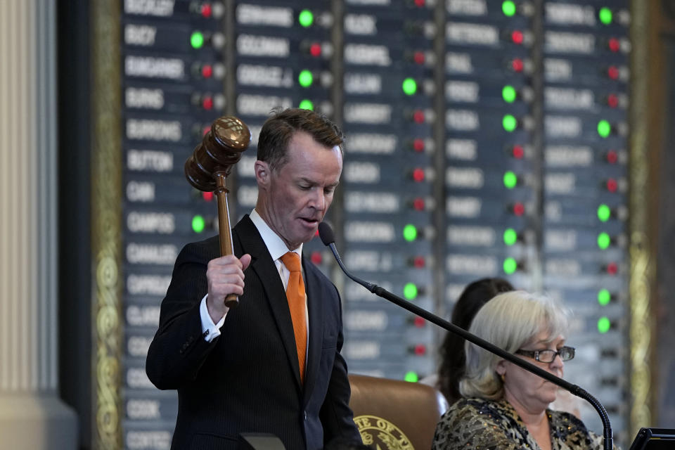 Texas Speaker of the House Dade Phelan oversees debate over a voting bill in the House Chamber at the Texas Capitol in Austin, Texas, Tuesday, May 23, 2023. (AP Photo/Eric Gay)