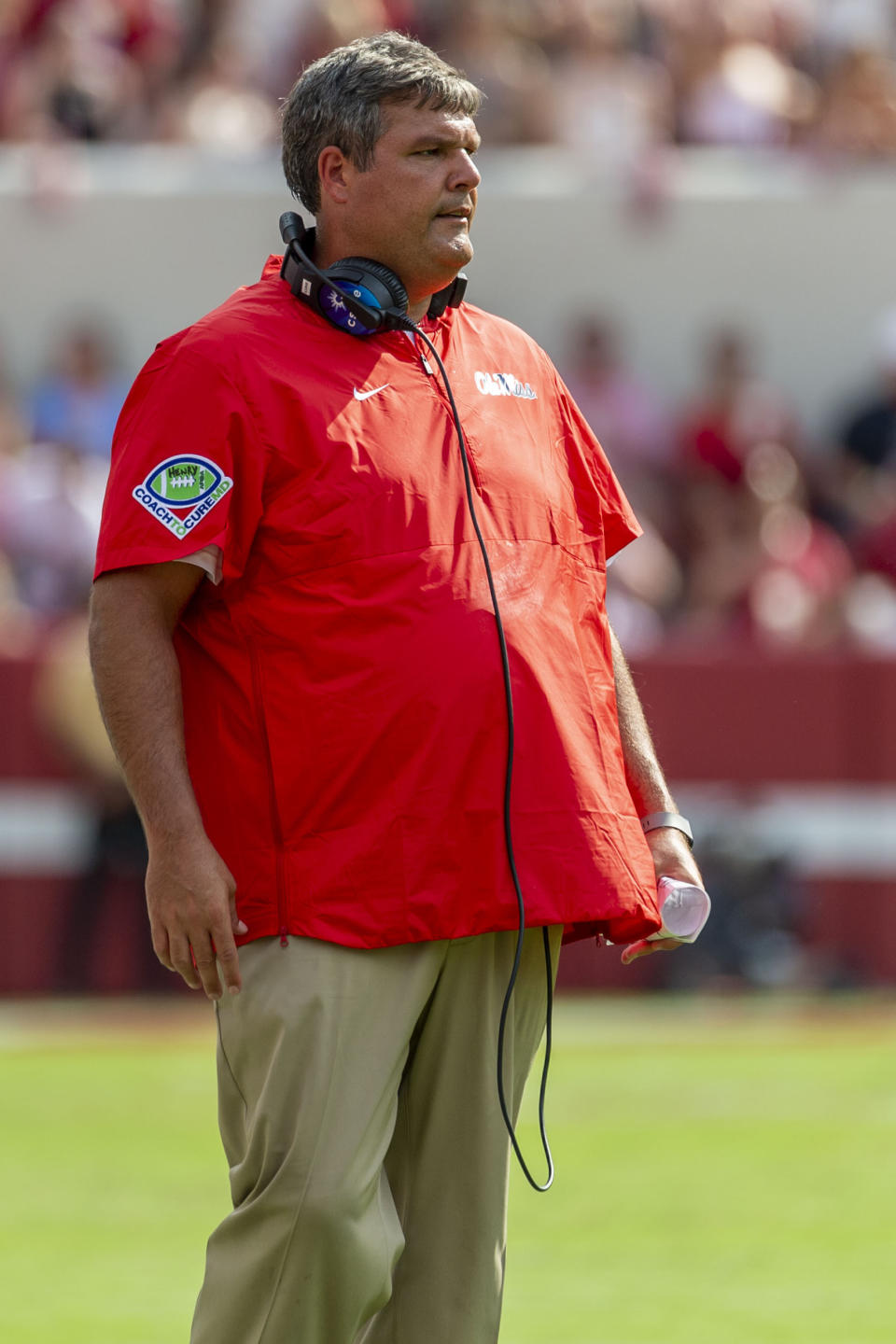 Mississippi head coach Matt Luke looks on after a referee's call during the first half of an NCAA college football game against Alabama, Saturday, Sept. 28, 2019, in Tuscaloosa, Ala. (AP Photo/Vasha Hunt)