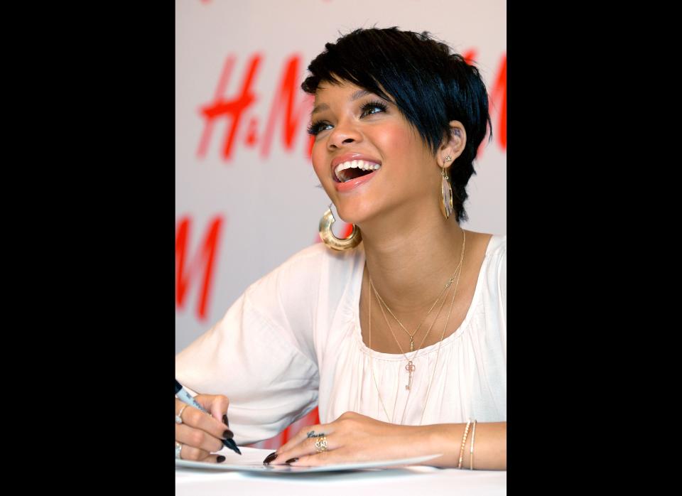 Singer Rihanna signs autographs at H&M for the launch of Fashion Against AIDS Collection on January 31, 2008 in New York City.