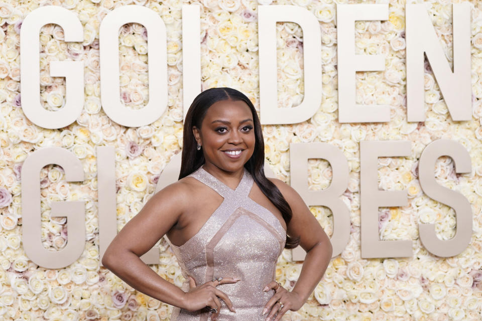 Quinta Brunson arrives at the 81st Golden Globe Awards on Sunday, Jan. 7, 2024, at the Beverly Hilton in Beverly Hills, Calif. (Photo by Jordan Strauss/Invision/AP)