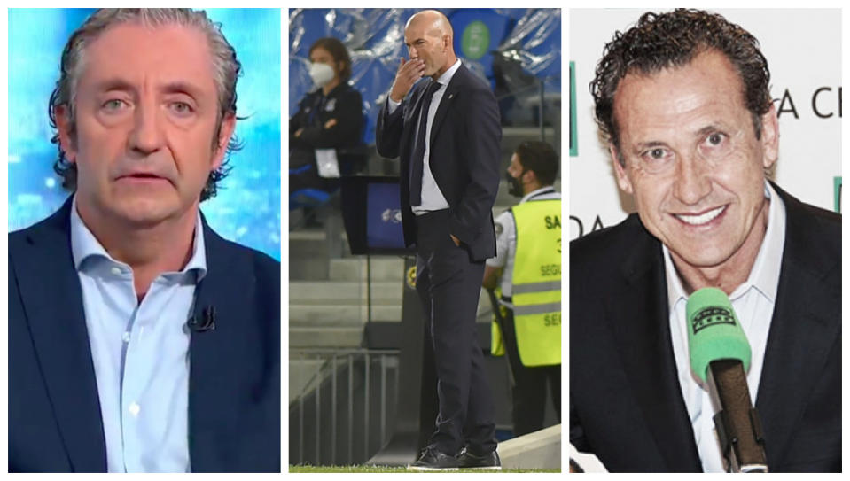 De izquierda a derecha, Josep Pedrerol, Zinedine Zidane y Jorge Valdano. (Fuentes: Twitter de 'El chiringuito' y 'El transistor' y Getty Images)