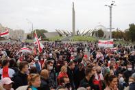 Belarusian opposition supporters hold a rally in Minsk