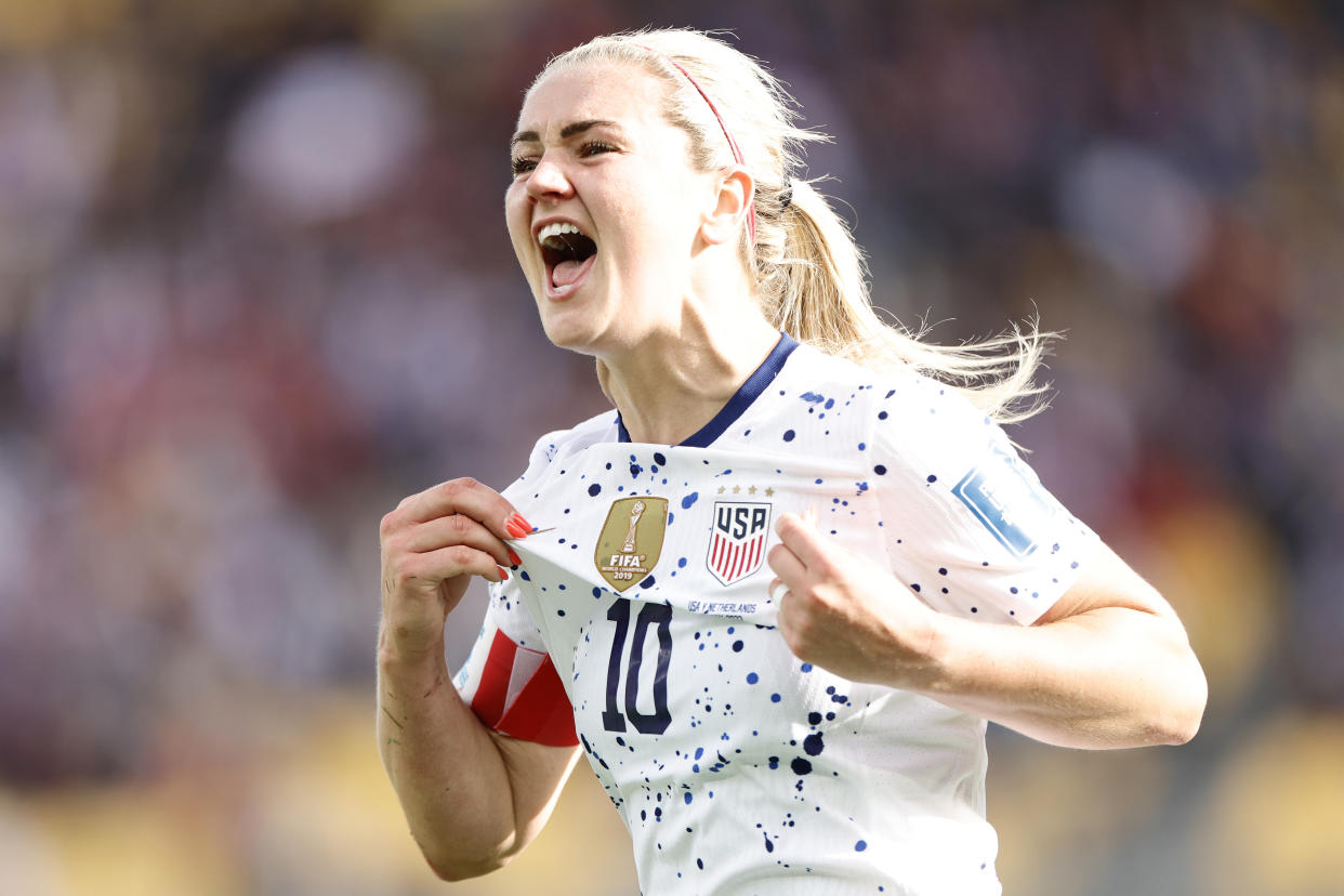 WELLINGTON, NEW ZEALAND - JULY 27: Lindsey Horan #10 of the United States celebrates scoring during the second half against the Netherlands during the FIFA Women's World Cup Australia & New Zealand 2023 Group E match at Wellington Regional Stadium on July 27, 2023 in Wellington, New Zealand. (Photo by Carmen Mandato/USSF/Getty Images)