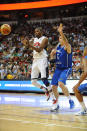 Kevin Durant #5 of the US Men's Senior National Team passes against the Dominican Republic during an exhibition game at the Thomas and Mack Center on July 12, 2012 in Las Vegas, Nevada. (Noah Graham/NBAE via Getty Images)