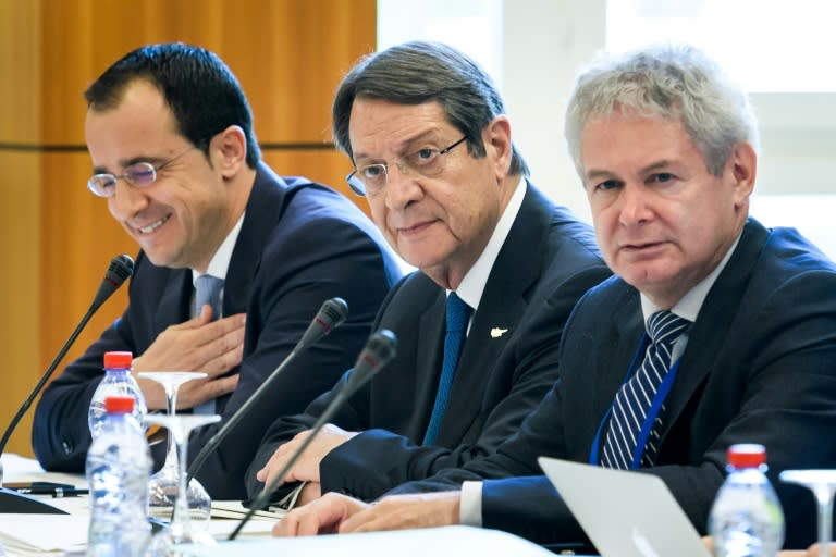 Greek Cypriot President Nicos Anastasiades, center, at the opening of the talks in Switzerland