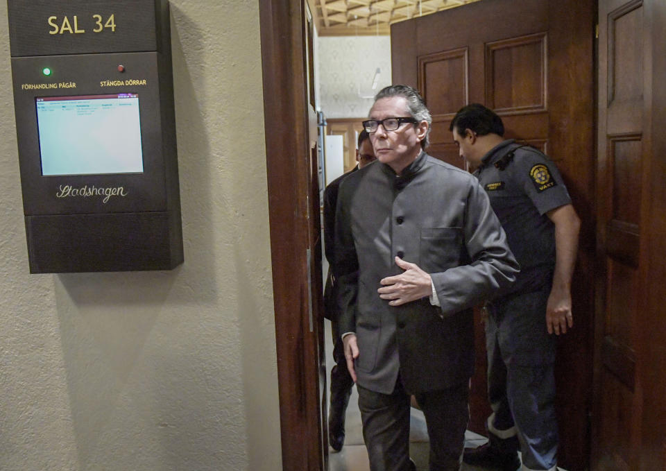 Frenchman Jean-Claude Arnault at the district court in Stockholm on Monday Sept. 24, 2018, for hearings in his trial for alleged rape and sexual assault. Arnault, a major cultural figure in Sweden and the husband of Swedish Academy member Katarina Frostenson, is on trial accused for two counts of rape of a woman in 2011. (Janerik Henriksson / TT via AP)