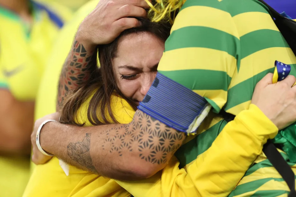 AL RAYYAN, QATAR - DECEMBER 09: Brazil fans look dejected during the FIFA World Cup Qatar 2022 quarter final match between Croatia and Brazil at Education City Stadium on December 9, 2022 in Al Rayyan, Qatar. (Photo by Charlotte Wilson/Offside/Offside via Getty Images)