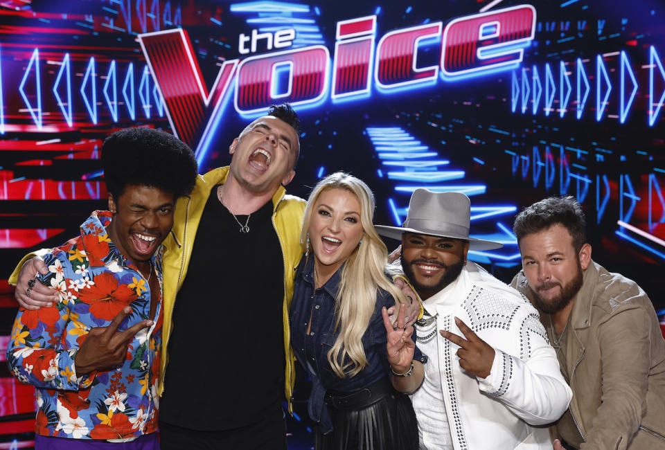 THE VOICE -- "Live Semi-Final Top 9 Results” Episode 2516B -- Pictured: (l-r) Nathan Chester, Bryan Olesen, Karen Waldrup, Asher HaVon, Josh Sanders -- (Photo by: Trae Patton/NBC)